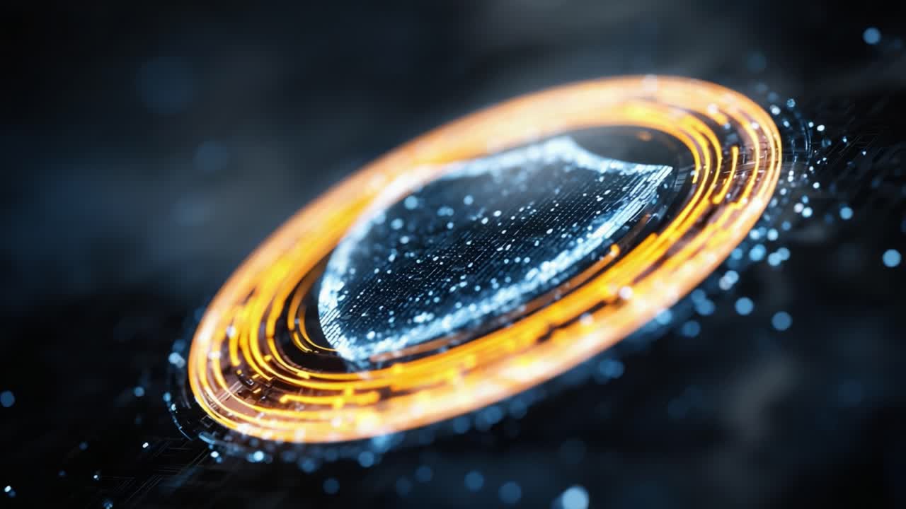 Exploring Digital Security: A Futuristic Representation of Protection with a High-Tech Shield Surrounded by Glowing Particles in a Dark, Modern Environment