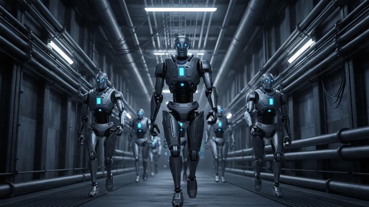 A Line of Advanced Robotics: Exploring the Future of Automated Technology in a Dimly Lit Industrial Corridor with Multi-Purpose Androids in Motion