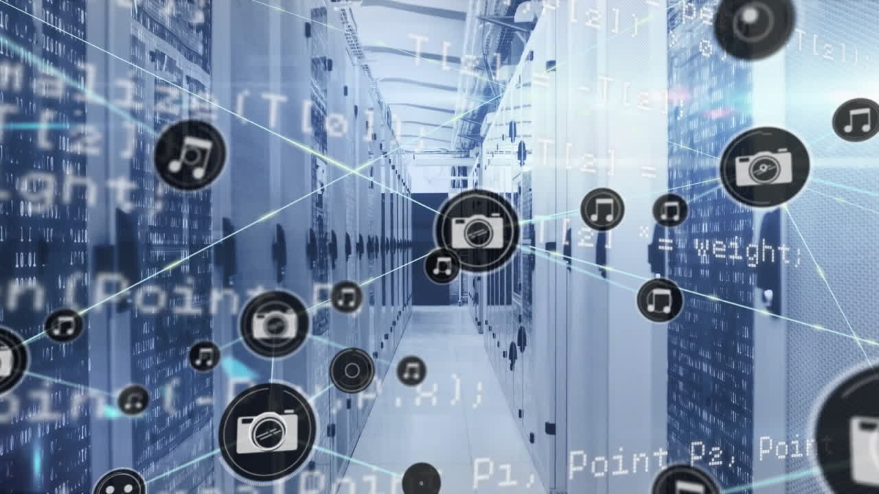 animación de la red de conexiones con iconos a través de servidores informáticos