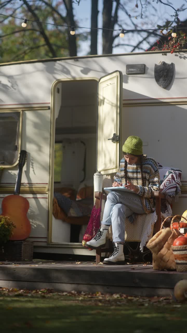 mujer dibujando en una caravana en un soleado día de otoño
