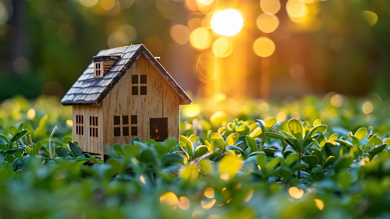 A small wooden house is sitting in a field of green grass. The house is surrounded by tall grass and the sun is shining brightly on it. The scene is peaceful and serene