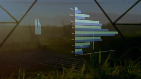 data overlay showing over blurred grass field through glass grid, with bar chart and histogram
