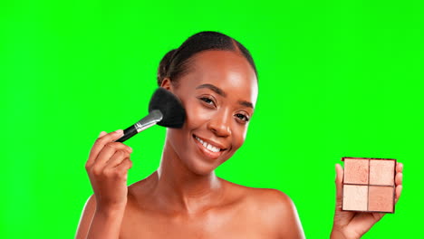 makeup, green screen and face female in a studio