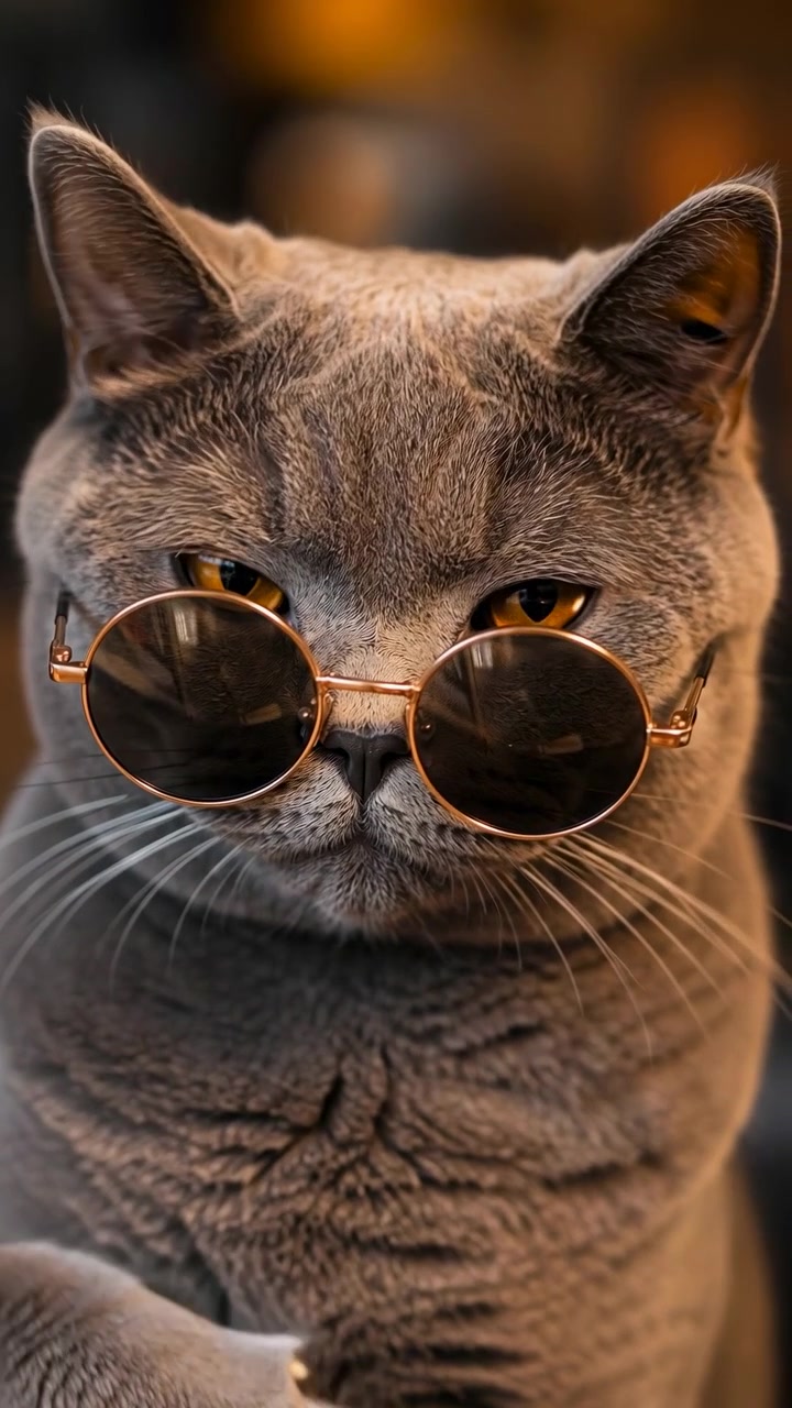 Gatto grigio con occhiali da sole rotondi, ritratto illuminato da studio con sfondo bokeh caldo. Gatto alza la zampa in modo giocoso.