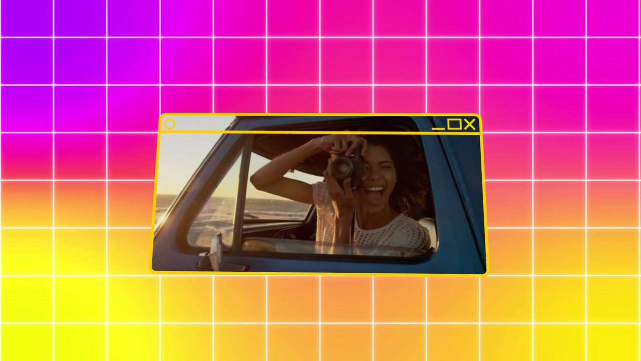 Modello di slideshow video dinamico con grafica a griglia retrò