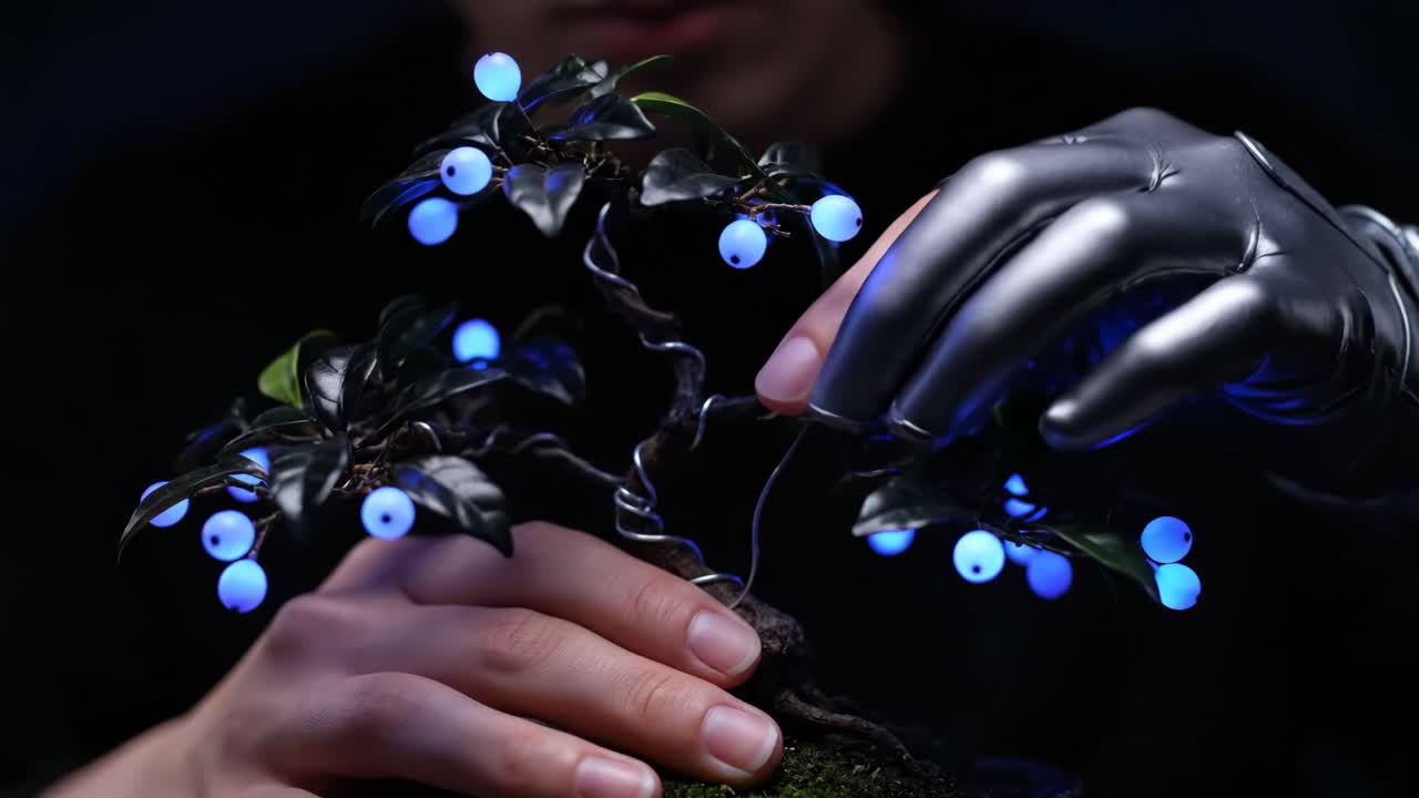 Cyberpunk Bonsai Tree with Glowing Berries and Robotic Hand