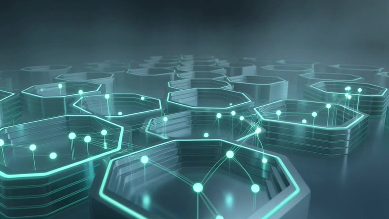Abstract Digital Network Connecting Glowing Nodes in Hexagonal Grid
