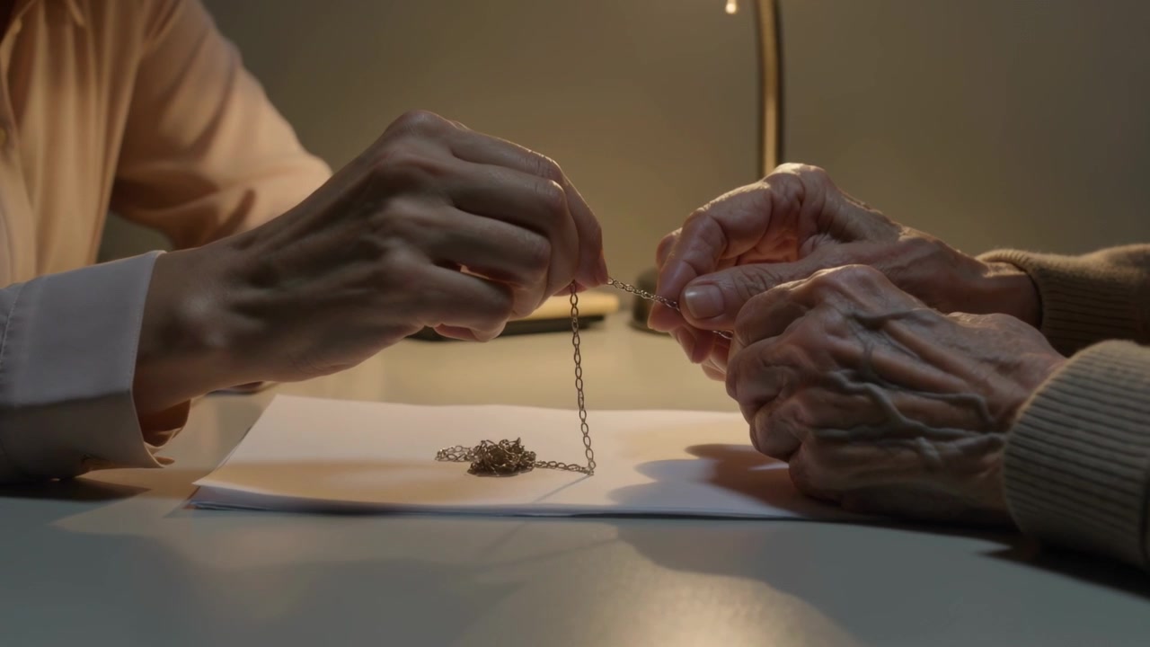 Sollevando la catena, figlia con top rosa e anziano con maglione beige che maneggiano la chiusura sotto la lampada, sistemando il nodo.