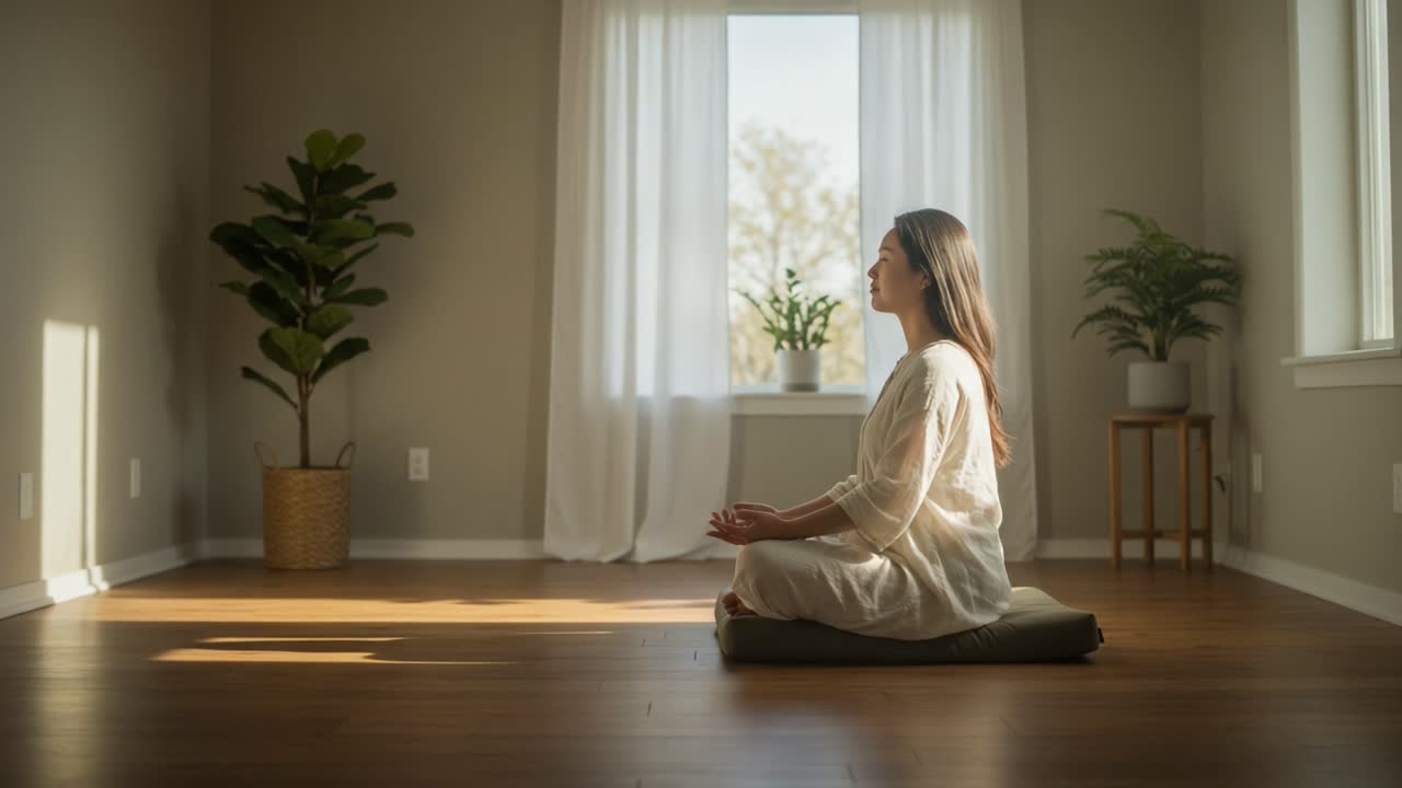 A Serene Woman in Meditative Posture in a Sunlit Room Surrounded by Indoor Plants, Embracing Peace and Mindfulness in a Tranquil Environment