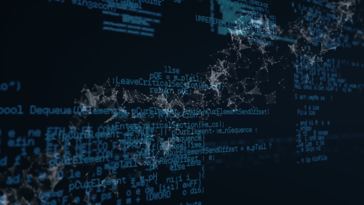 Animation of rotating particle structure over processing data, on black background
