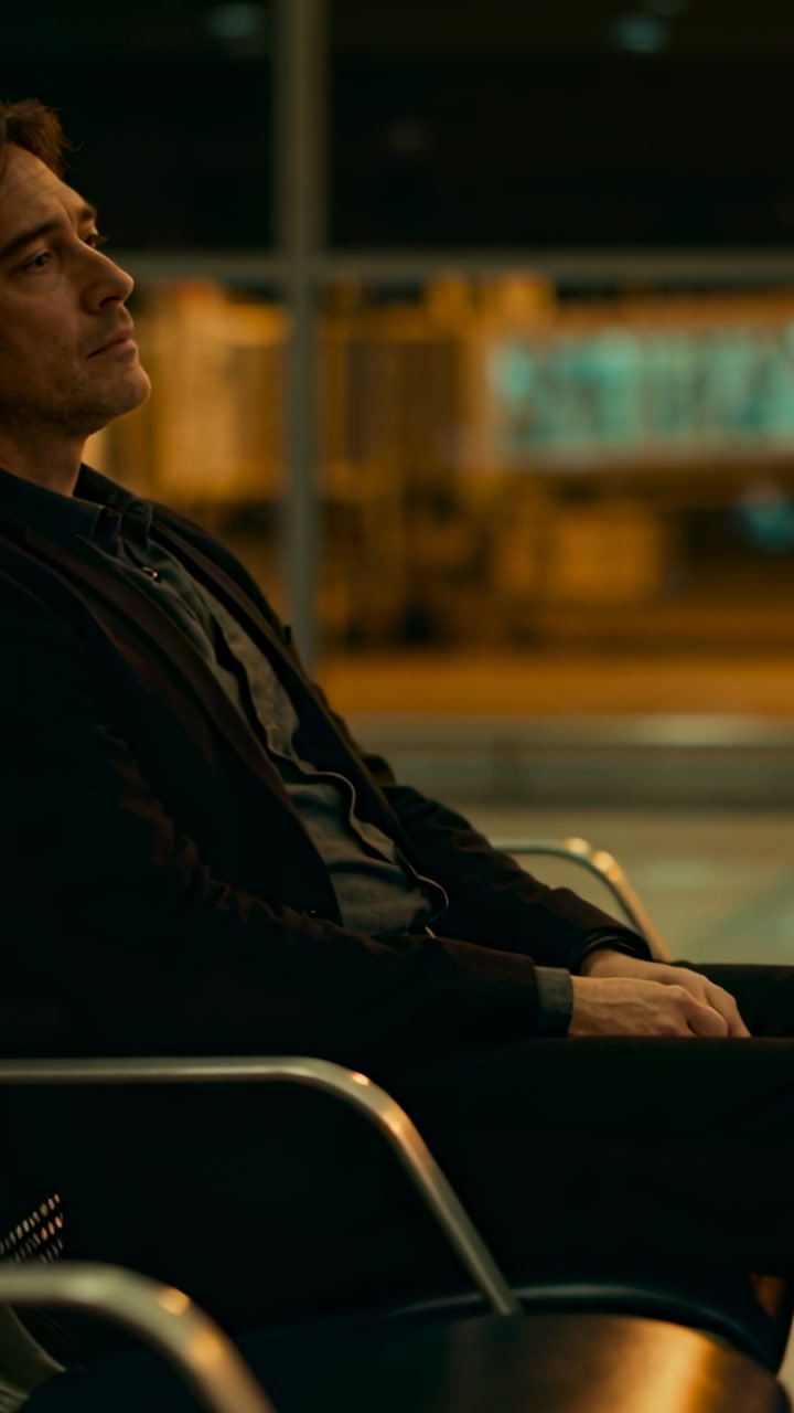 Vertical video: Waiting at gate traveler in dark jacket leaning back in airport seats, tarmac seen
