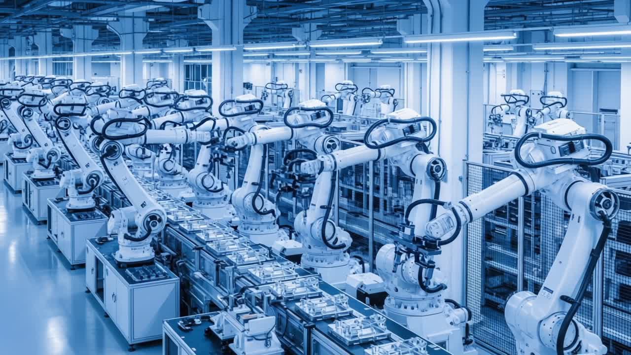 An Overview of a High-Tech Automated Manufacturing Facility Featuring Advanced Robotic Arms in Action, Showcasing Innovation and Efficiency in Industrial Processes