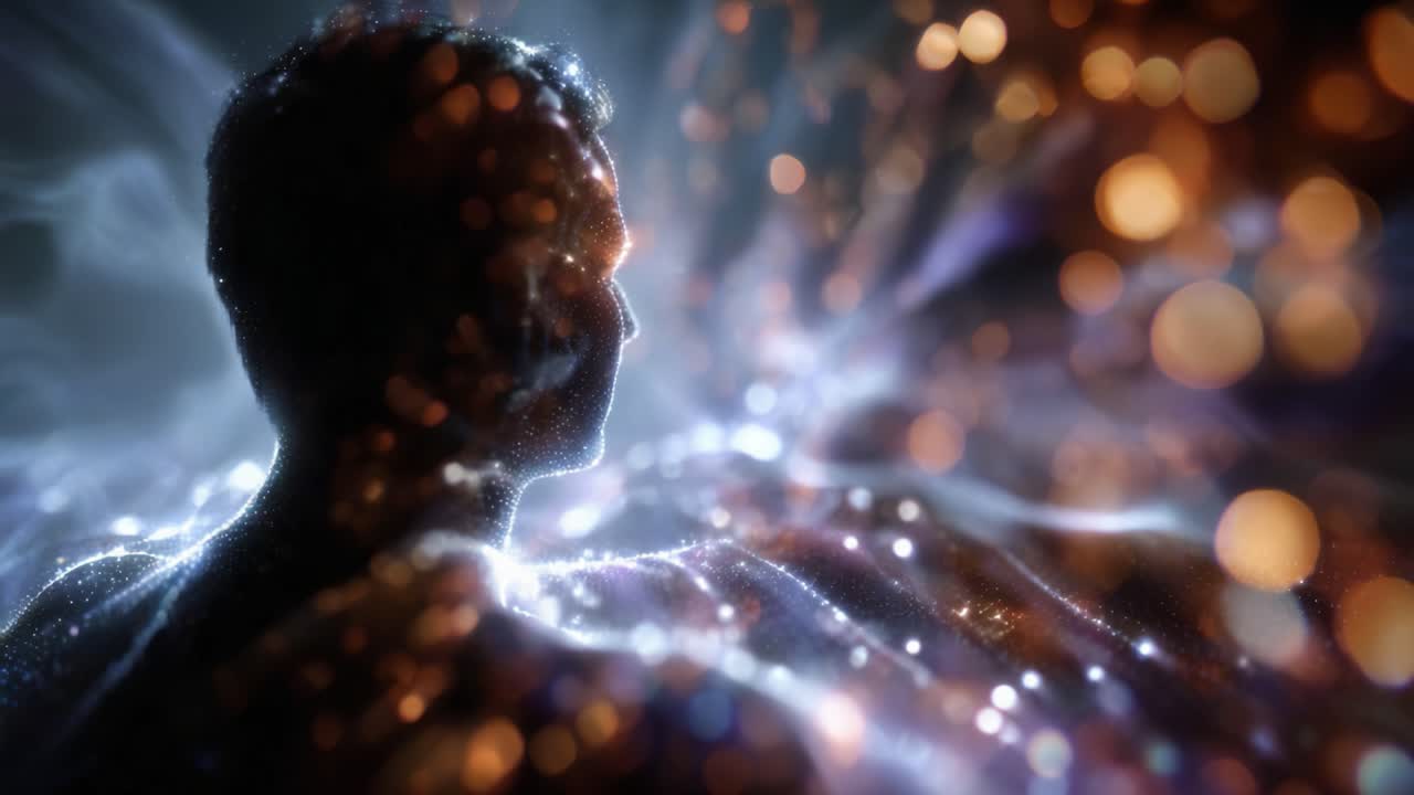 A stunning visualization exploring the concept of consciousness as light and energy radiates from the silhouette of a person in an abstract, ethereal setting