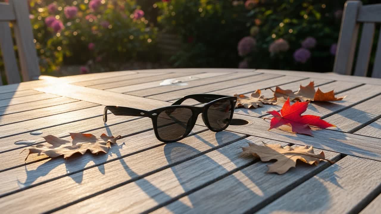A Pair of Sunglasses on a Wooden Table Surrounded by Colorful Autumn Leaves Bathed in Warm Sunset Light, Perfect for Relaxing Outdoors