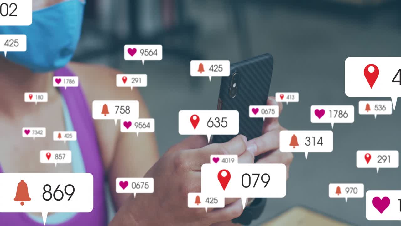 Mid adult woman raising smartphone on table tracking heart, location pin, bell icons climbing fast