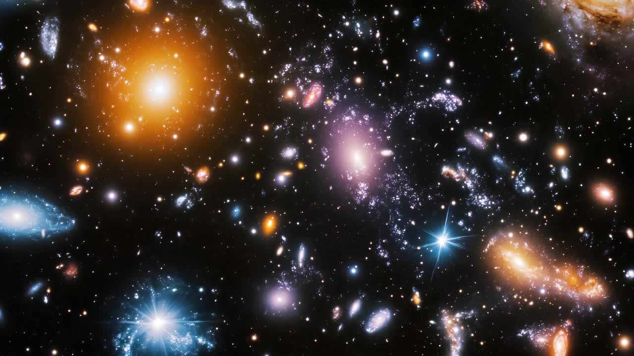 Un'affascinante scena cosmica di galassie e stelle, catturata da una prospettiva grandangolare, perfetta