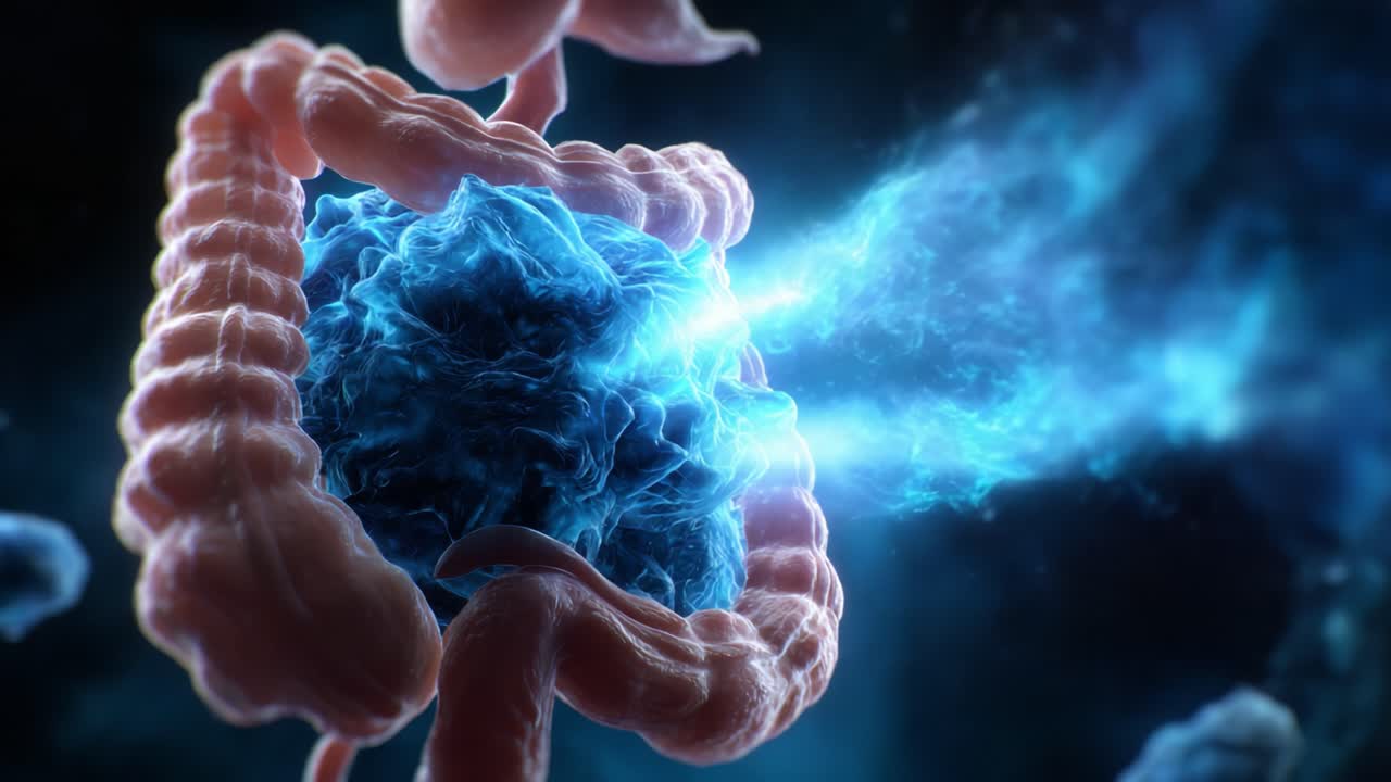 A Stunning Visualization of the Human Intestinal Microbiome Interacting with Immune Cells, Showcasing the Dynamic Process of Cellular Communication and Immune Response