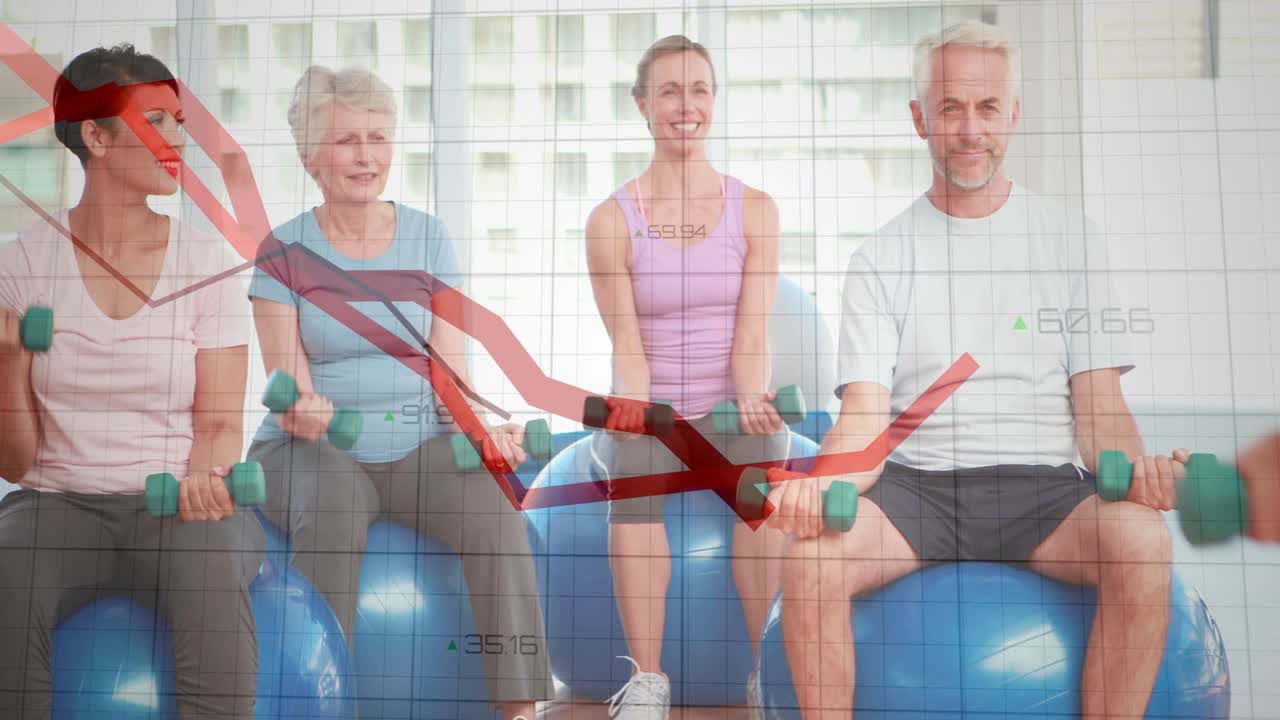 Coach showing curls, cueing fitness group training arms on balls, moving red chart tracking stats