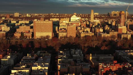 Slow-drone-approach-of-gorgeous-Morningside-Heights-neighborhood-in-Manhattan,-New-York-City