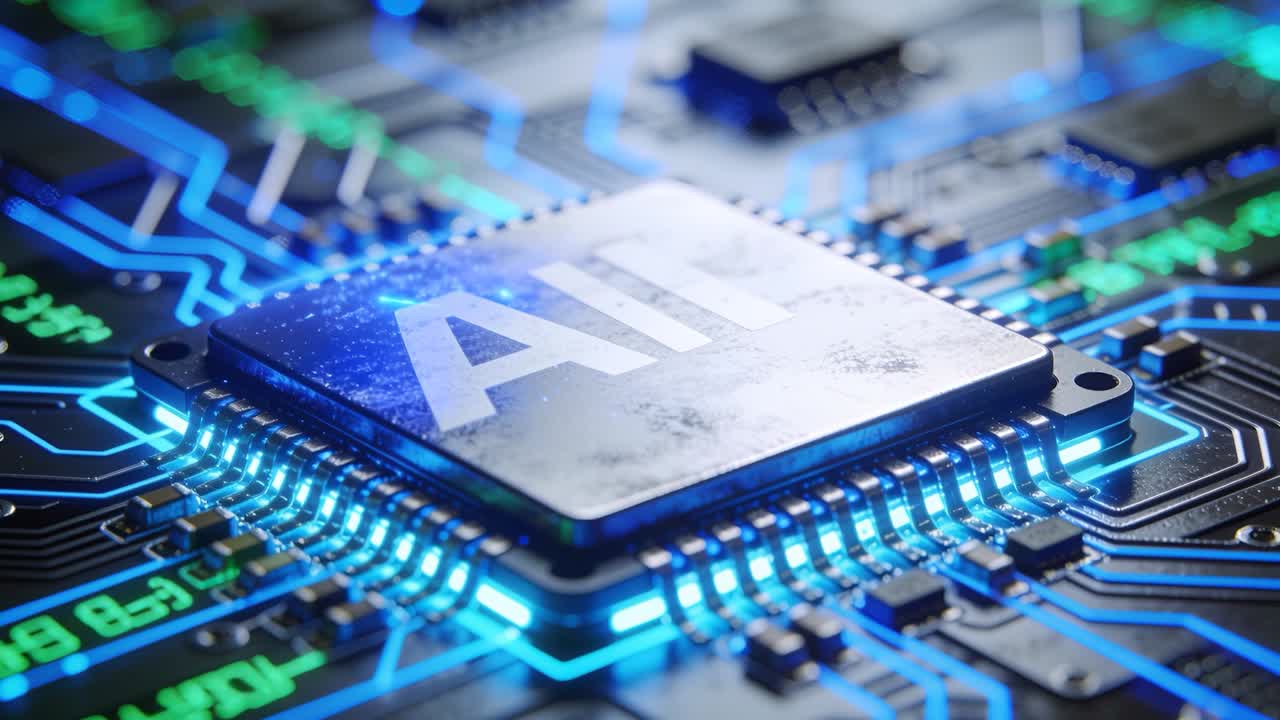 Powering metallic AI chip pulsing blue traces on PCB while camera pushing in, revealing sheen