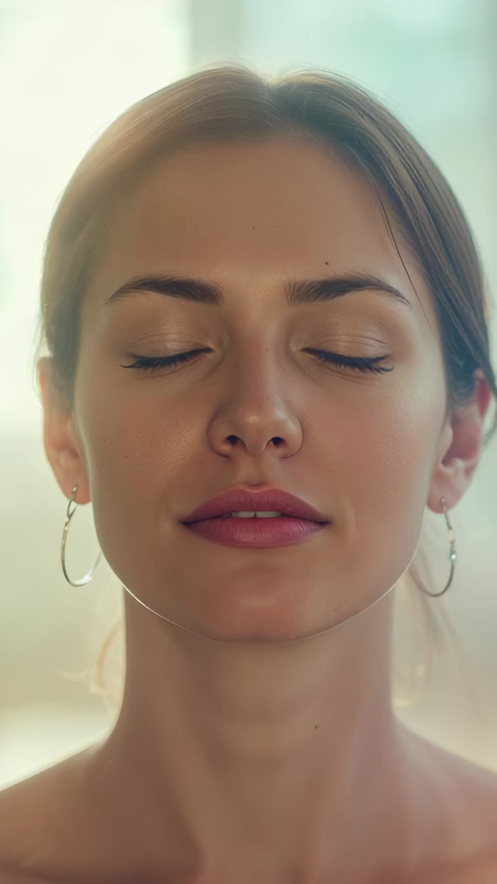 Vertical video: Shifting daylight inspiring woman pivoting head near window, with hoop earrings