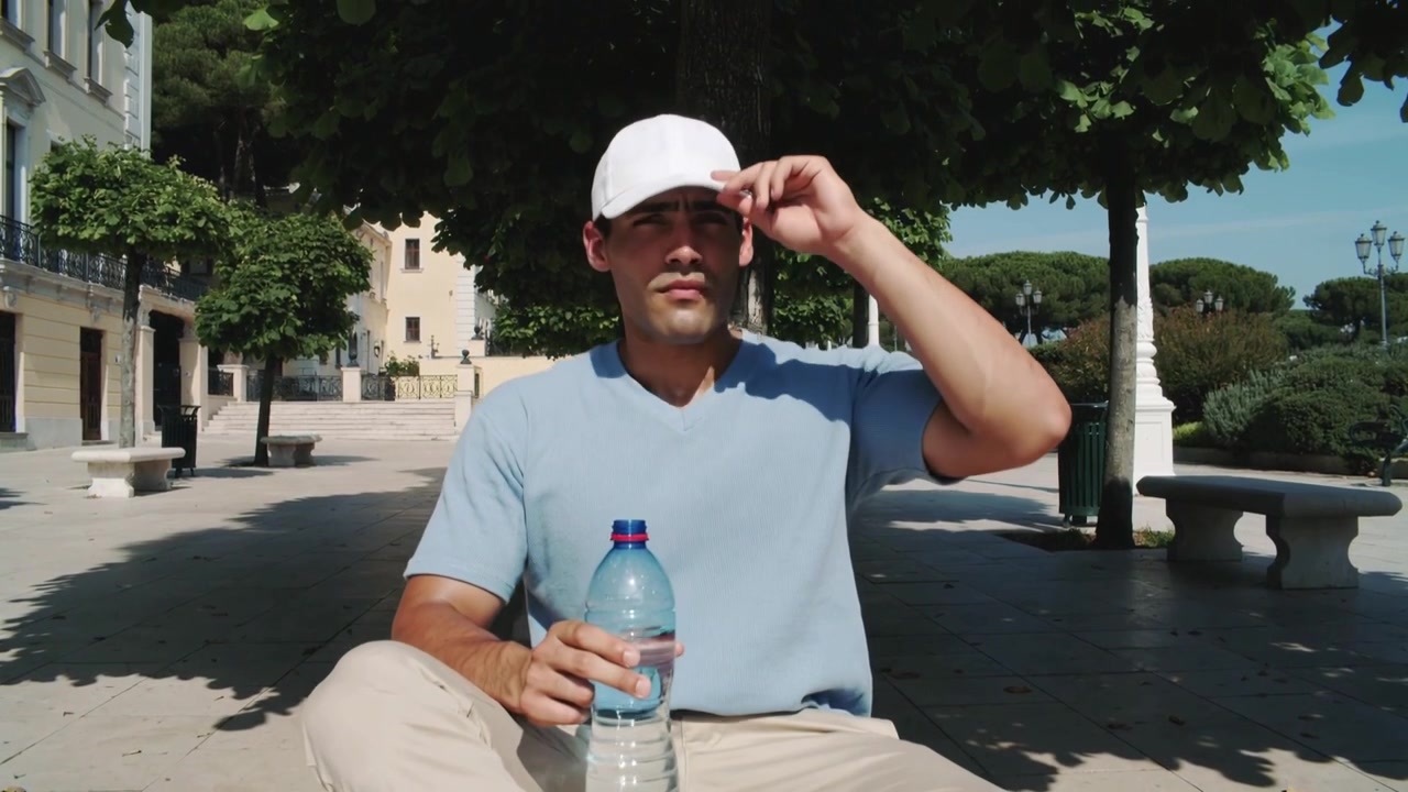 Drinking man being prompted by heat raising bottle adjusting white cap scanning from stone steps
