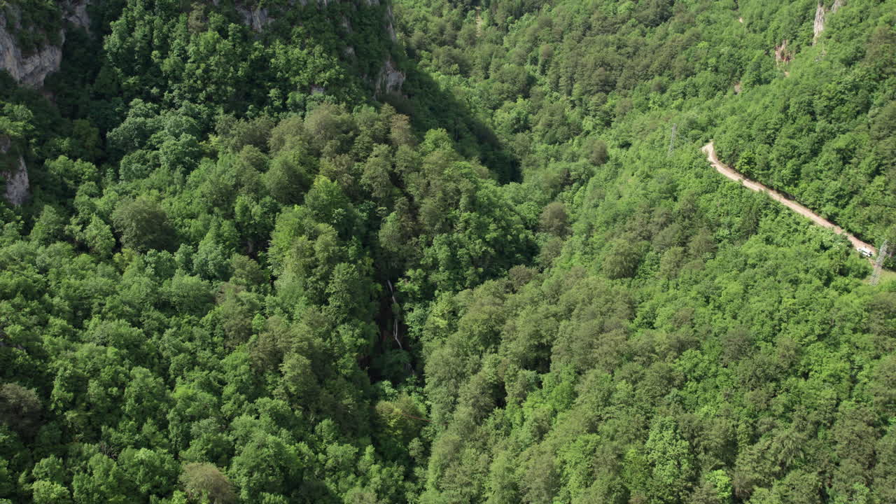 Drone shot over a dense mountain forest with a small hidden waterfall and dirt road winding through lush green trees, symbolizing untouched nature, wilderness, and eco tourism