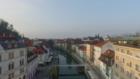Fly-over-view-of-Ljubljana-on-the-river-,-center-of-the-city
