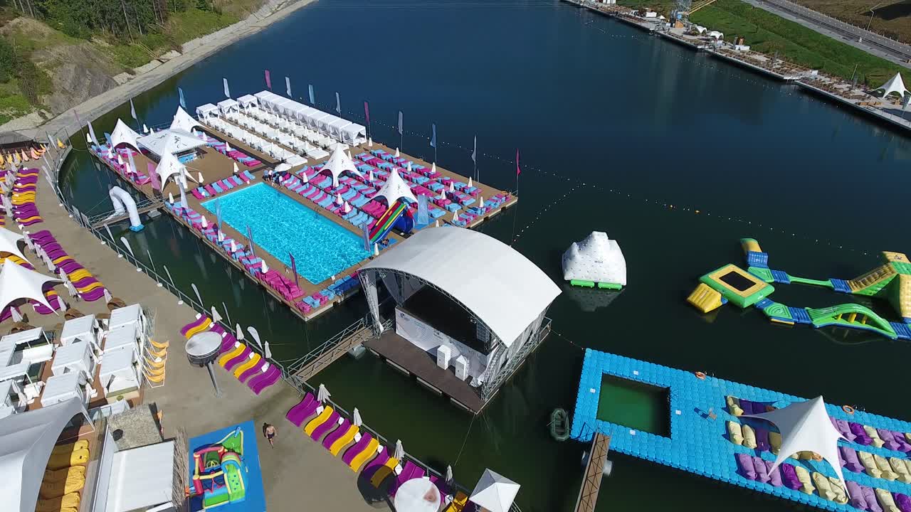 Bukovel, Ukraine - August 2017: Aerial view of the luxury hotel in the mountains. Vacation in a ski resort in summer