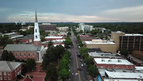 Aerial-push-into-Chapel-Hill-NC-Skyline-along-Franklin-Street