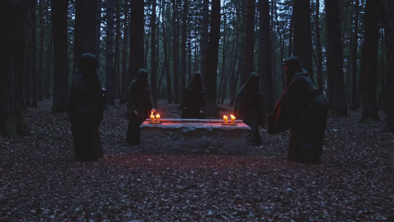 Eerie forest scene with hooded figures around a stone altar, captured at eye level
