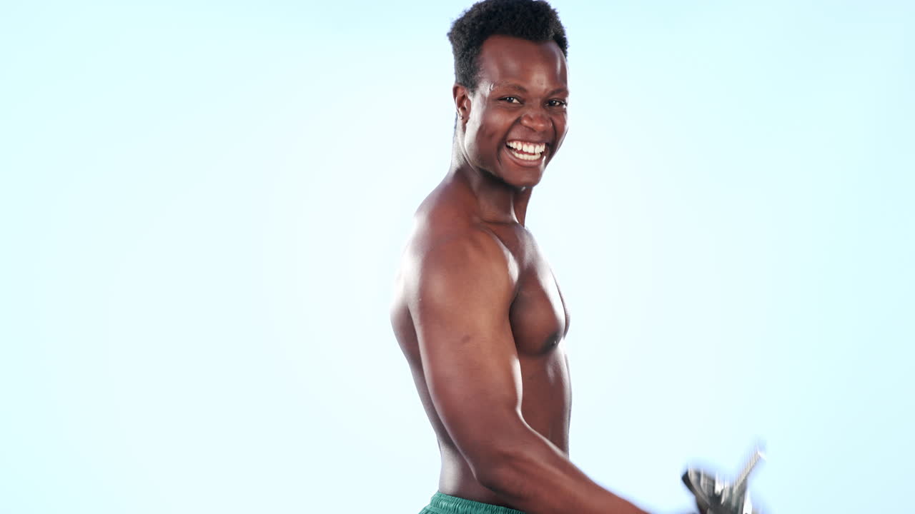 Fitness, dumbbell and black man training