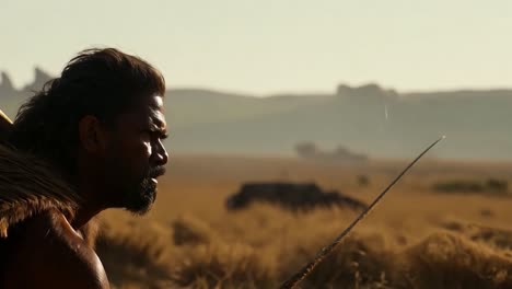 a man with a spear in a grassy field