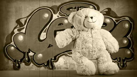 teddy bear in front of graffiti