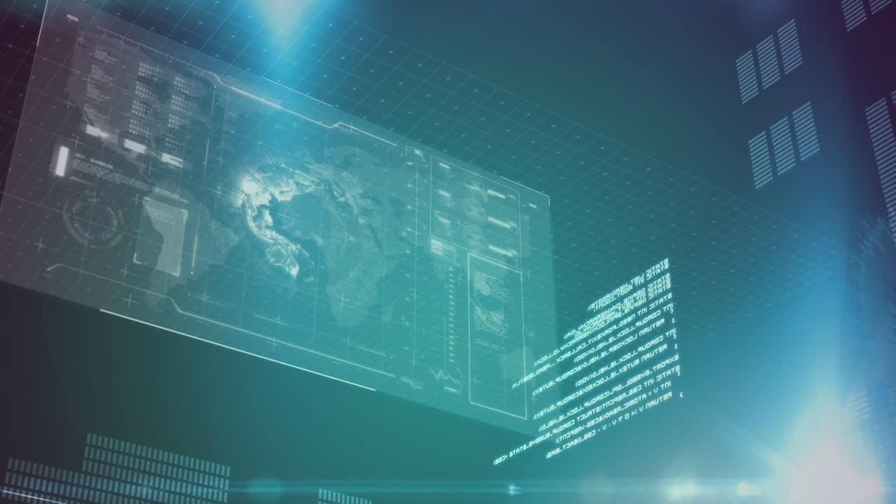 데이터 처리 및 검은 배경에 대한 파란색 빛의 점과 인터페이스의 애니메이션