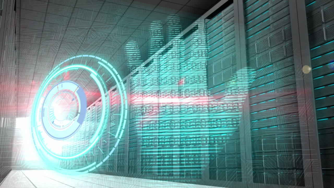 Animation of processing circle and hand over server room