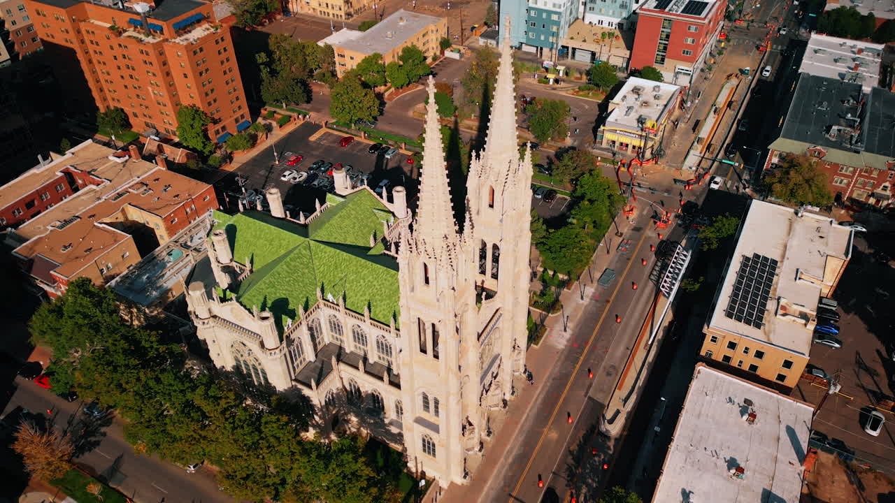 Denver, USA, 28 July 2025: Footage over the steeples of gorgeous Cathedral Basilica. Drone flight over the religious landmark of Denver, Colorado, USA