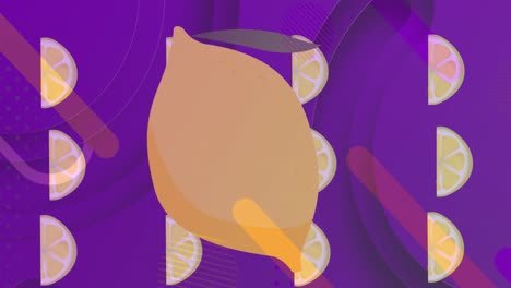 Animation-Einer-Zitrone-über-Zitronenhälften-Und-Violettem-Hintergrund