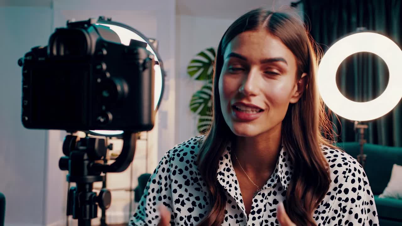 A woman records a video in a home studio. The close-up angle captures her in front of a camera