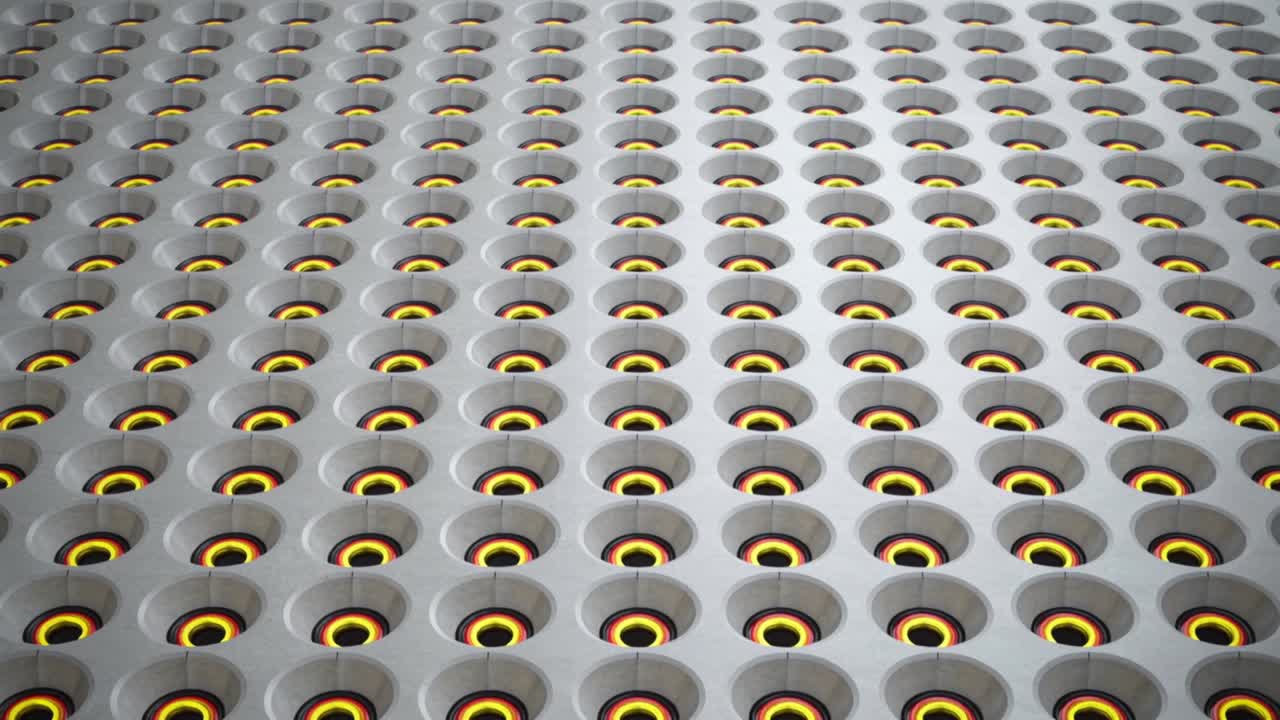 Sequenza di illuminazione: pannello perforato che si apre rivelando anelli luminosi in studio, mostrando dischi gialli.
