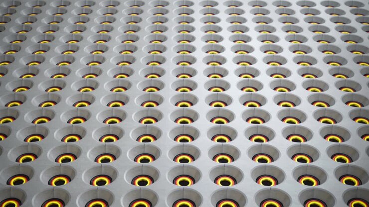 Sequenza di illuminazione: pannello perforato che si apre rivelando anelli luminosi in studio, mostrando dischi gialli.