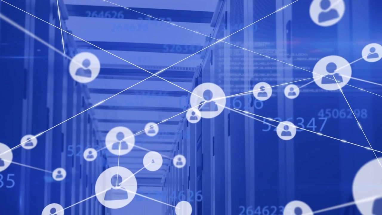 Animation of network of connections with icons over computer servers
