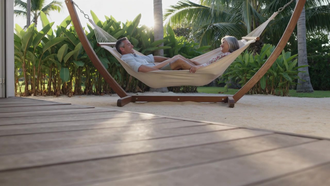 Camera zooming couple shifting, conversing, resting on porch hammock, woman print dress, man shorts