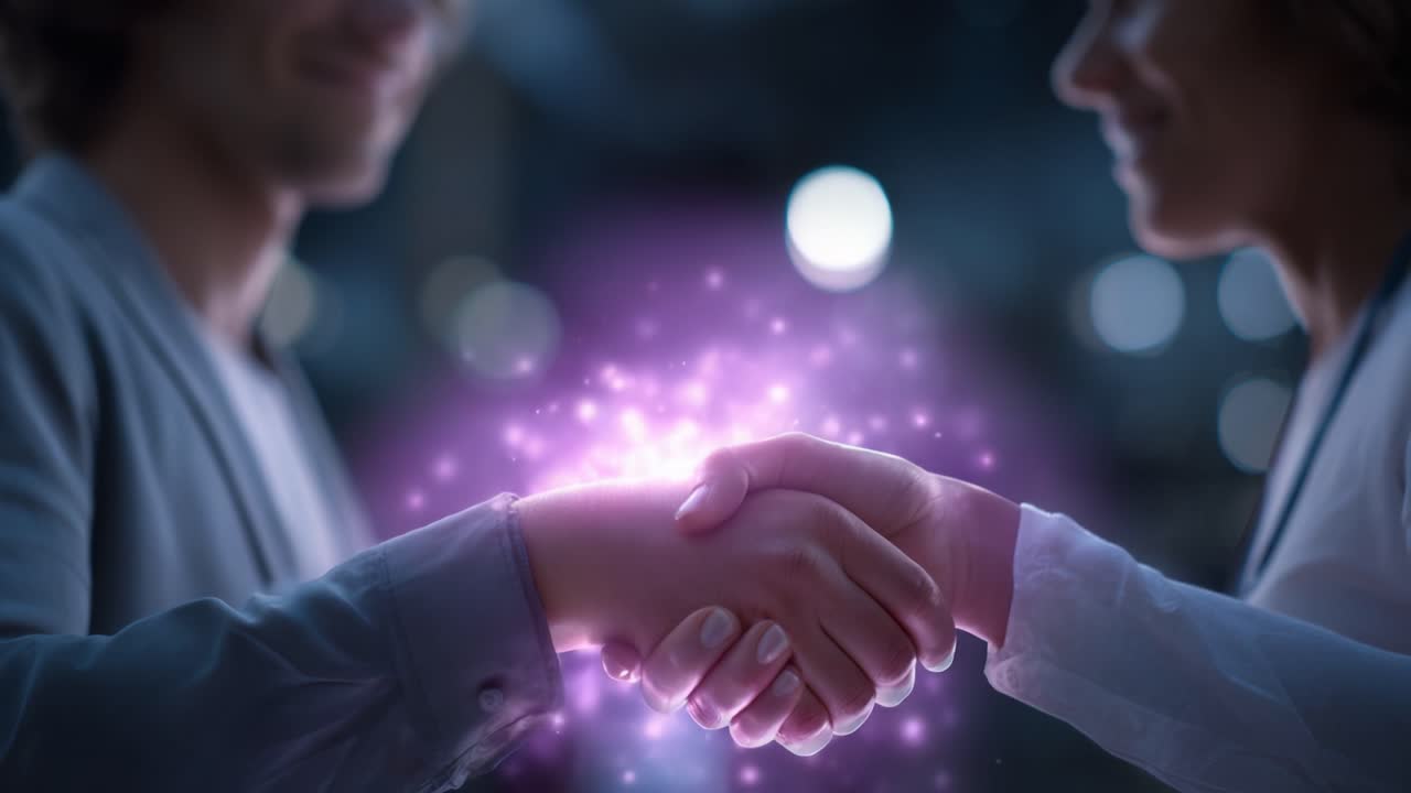 Magical Connection: Two Individuals Engaging in a Handshake Surrounded by a Sparkling Aura, Signifying Collaboration and Unity in a Captivating Atmosphere