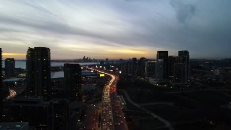 Drone-shot-at-twilight-in-downtown-Toronto-of-Gardiner-Expressway