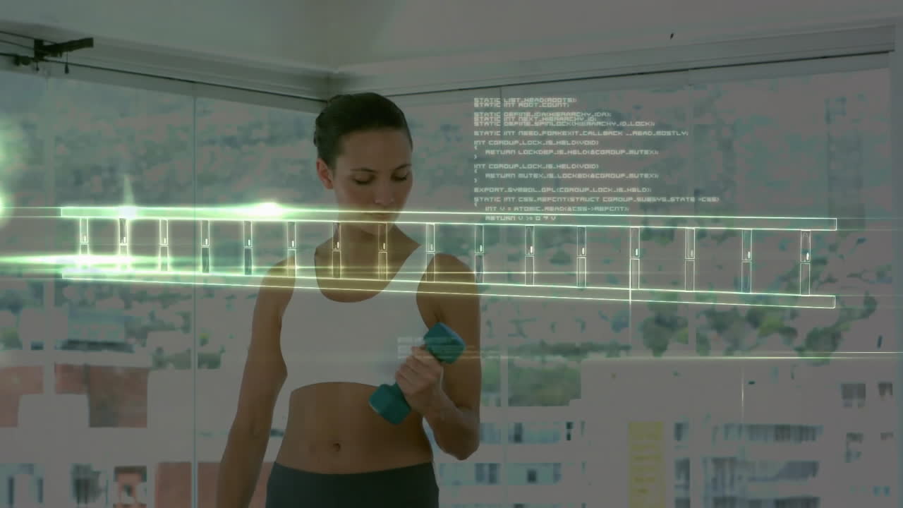 체육관에서 운동하는 백인 여성에 대한 dna 스트랜드 및 데이터 처리의 애니메이션