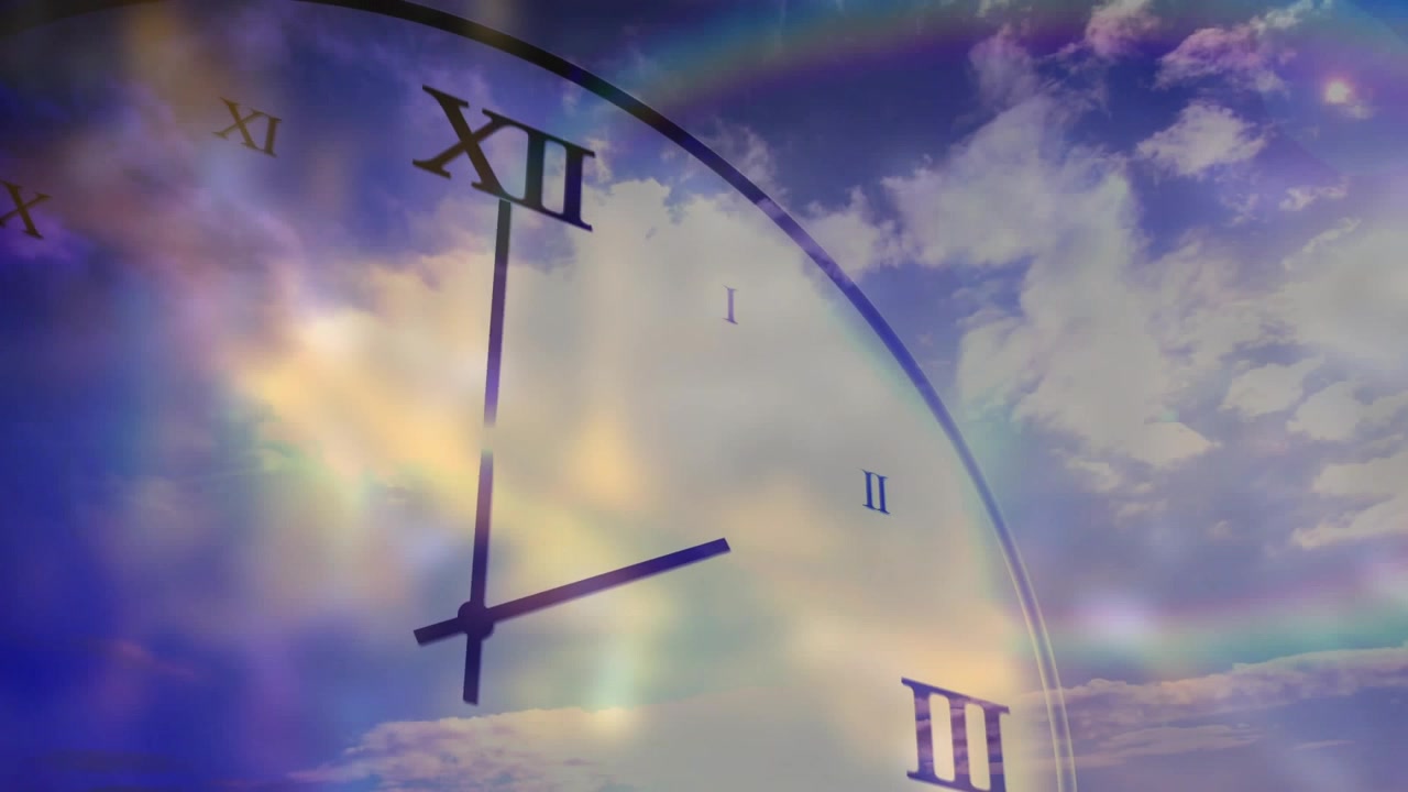 Play starting, clock rotating with hands advancing, clouds shifting and colors changing for design