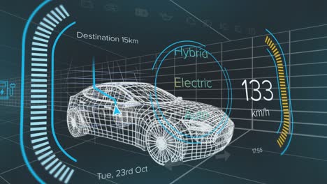 animation of car panel over digital car on black background