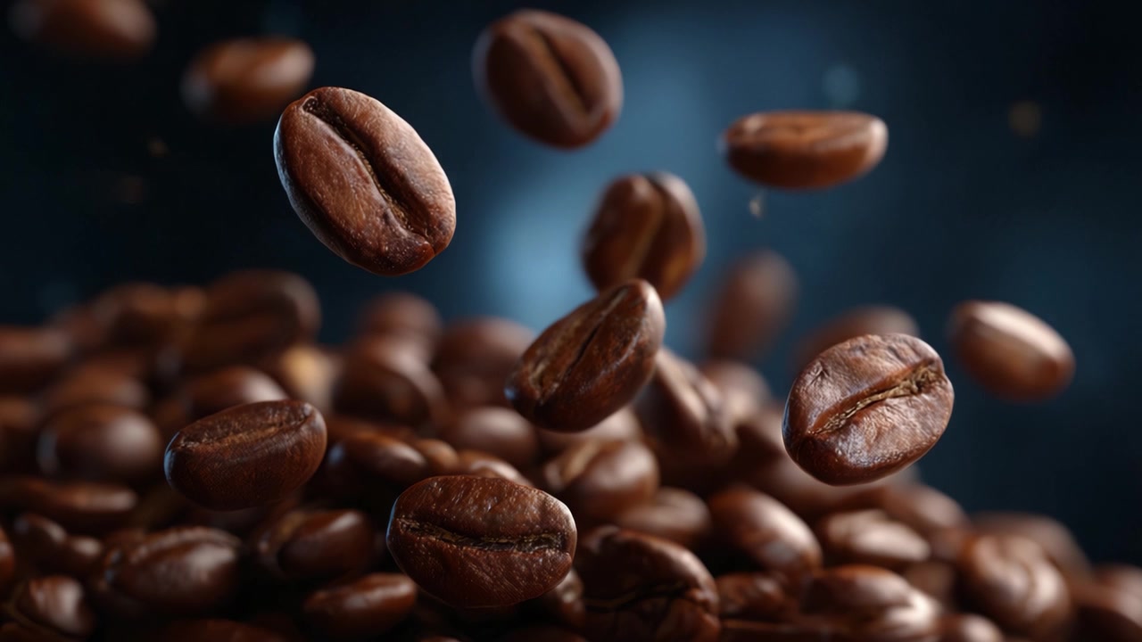Dynamiske kaffebønner i bevægelse: Et fængslende kig på den svævende verden af ristede kaffebønner mod en dyb, atmosfærisk baggrund
