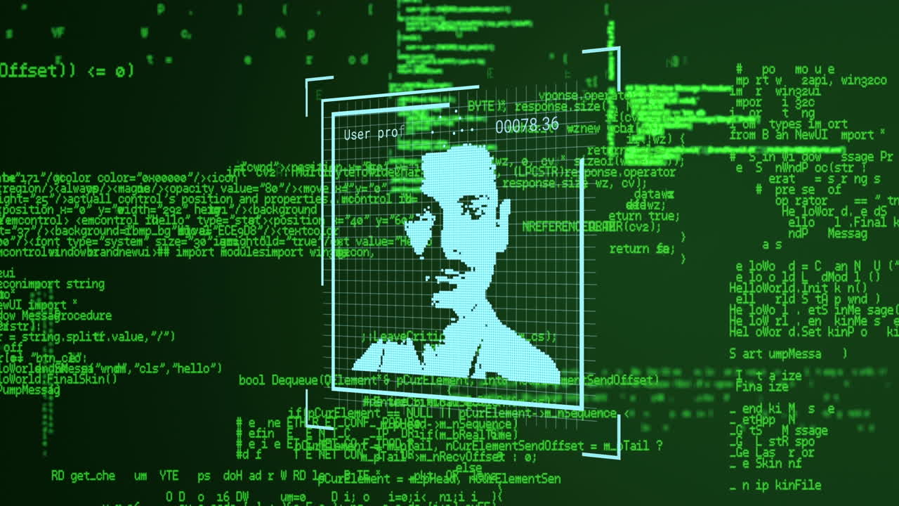 animazione dell'elaborazione dei dati e delle foto degli utenti su schermo digitale verde